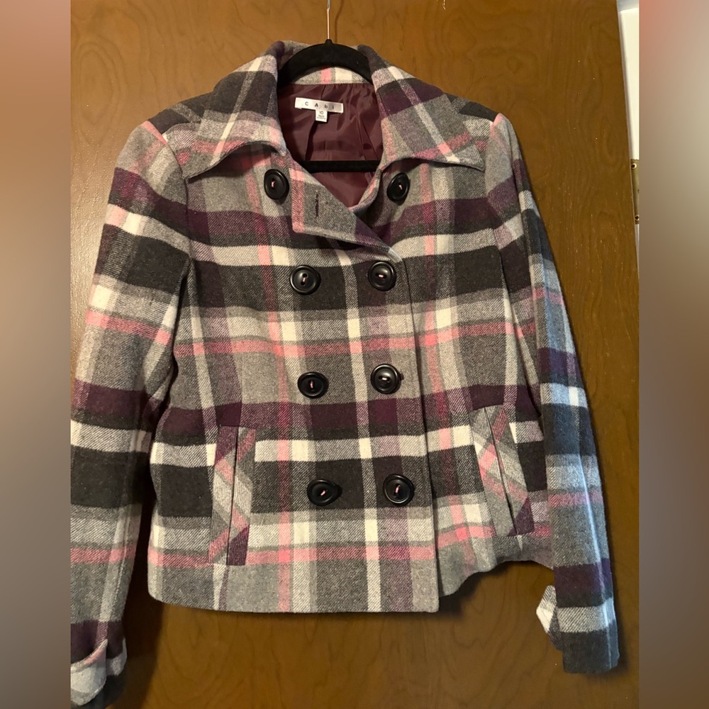 CAbi Plaid Double-Breasted Pea Coat - Pink, Gray, Black